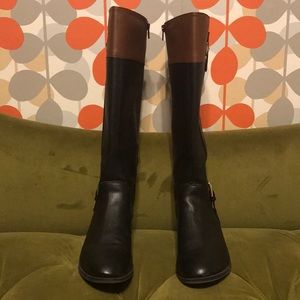 Black and brown knee length boots